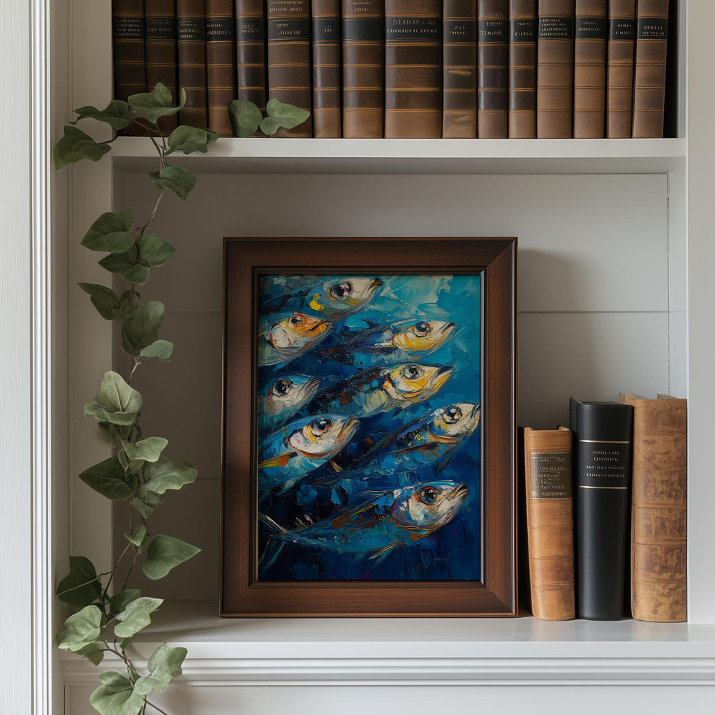 Modern Sardines animal art print shown in a room setting