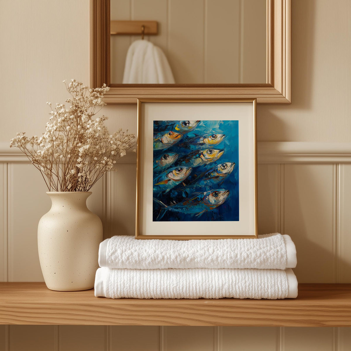 Modern Sardines animal art print shown in a room setting