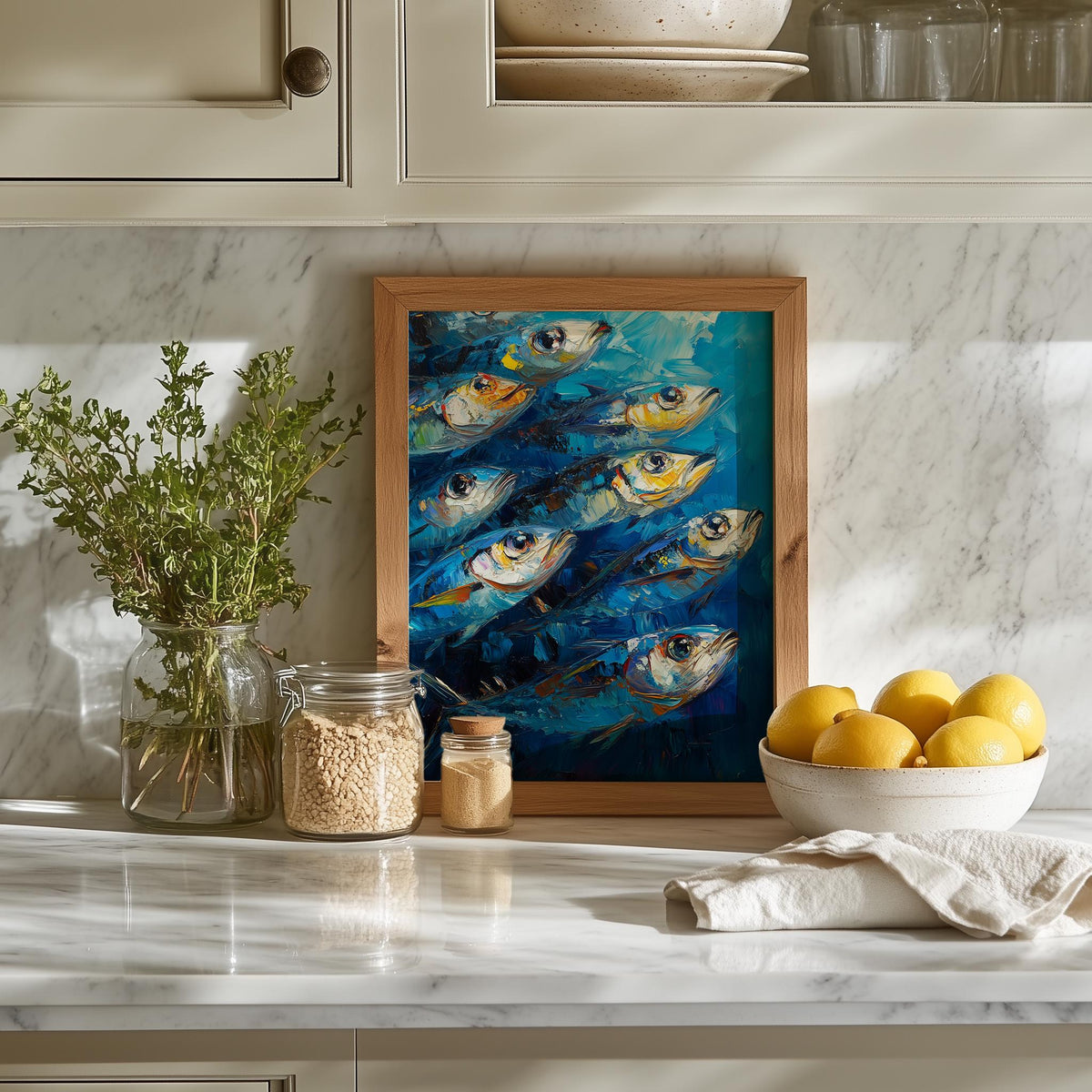 Modern Sardines animal art print shown in a room setting