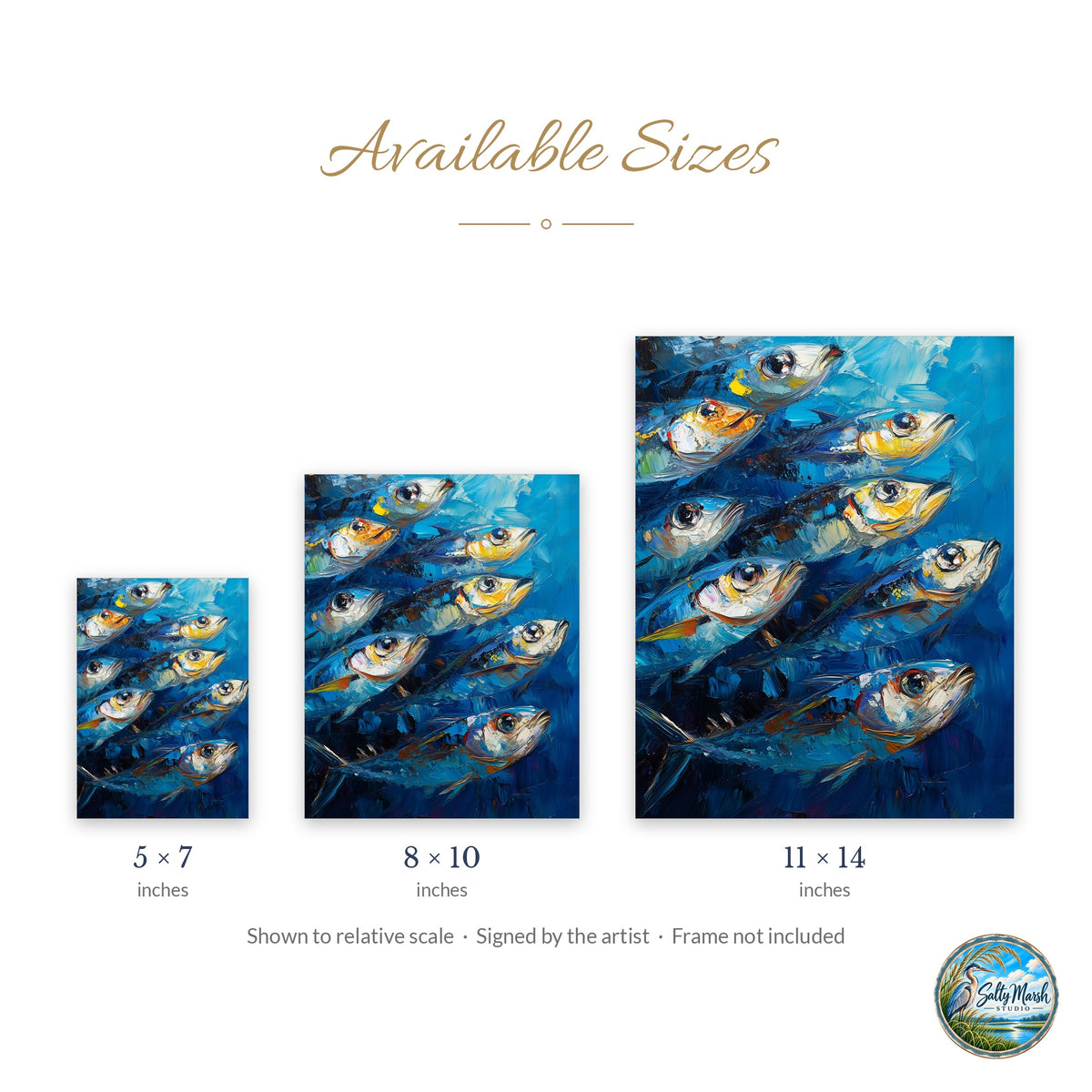 Modern Sardines art print size guide: 5x7, 8x10 and 11x14