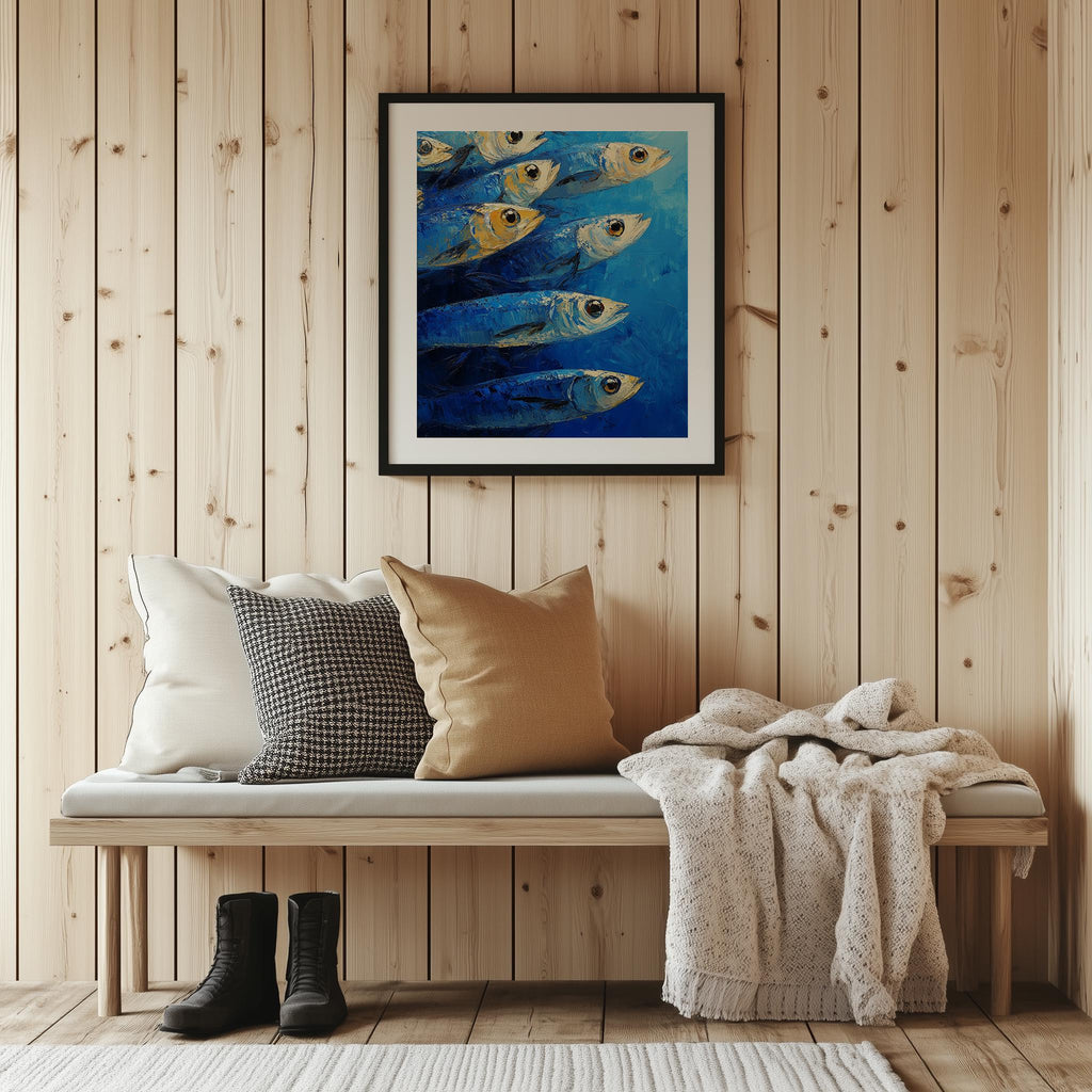 Blue Sardines animal art print shown in a room setting
