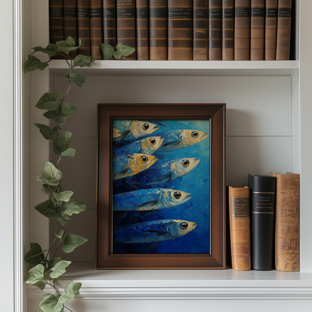 Blue Sardines animal art print shown in a room setting
