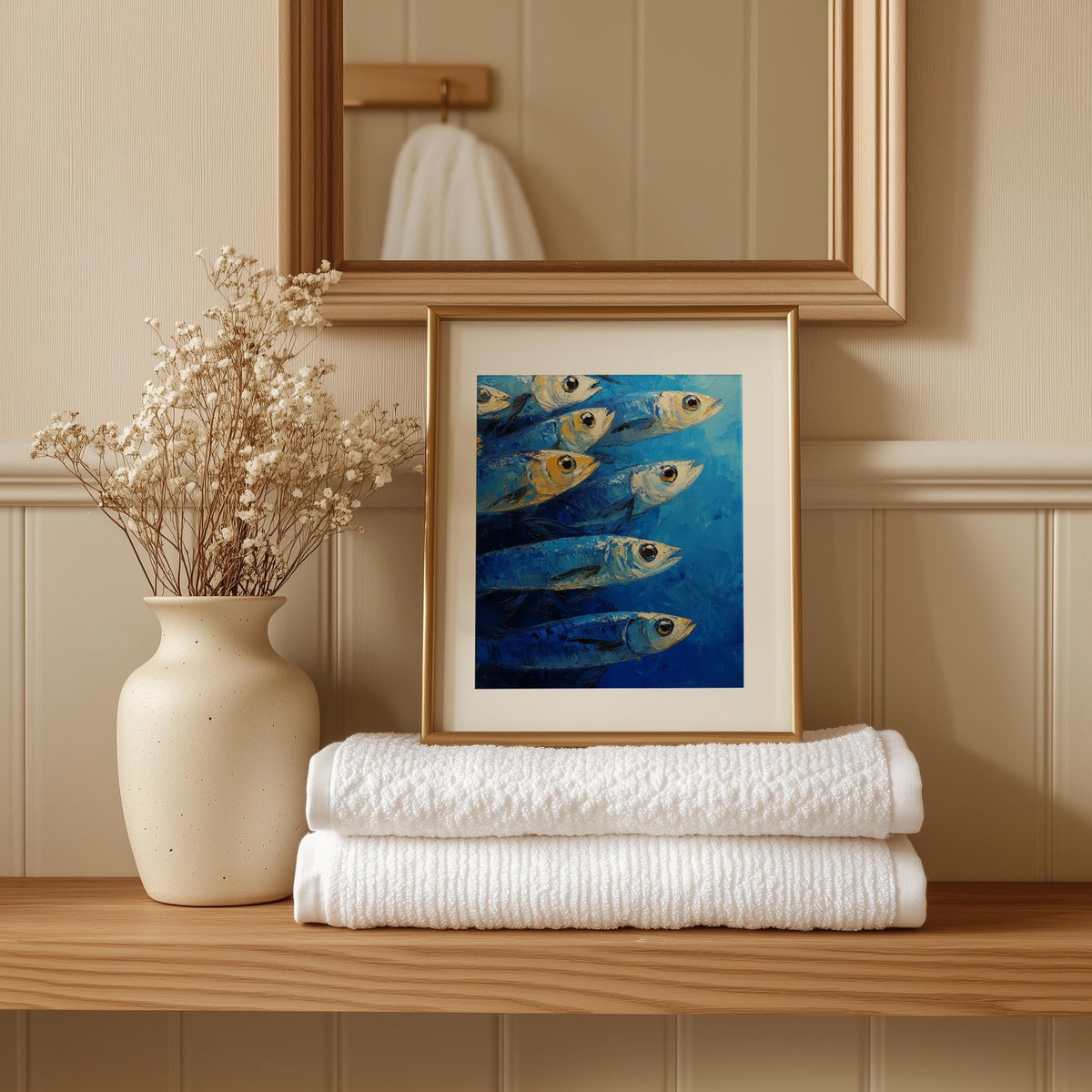 Blue Sardines animal art print shown in a room setting