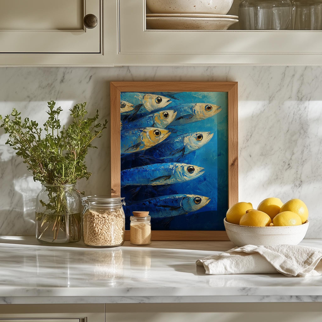 Blue Sardines animal art print shown in a room setting