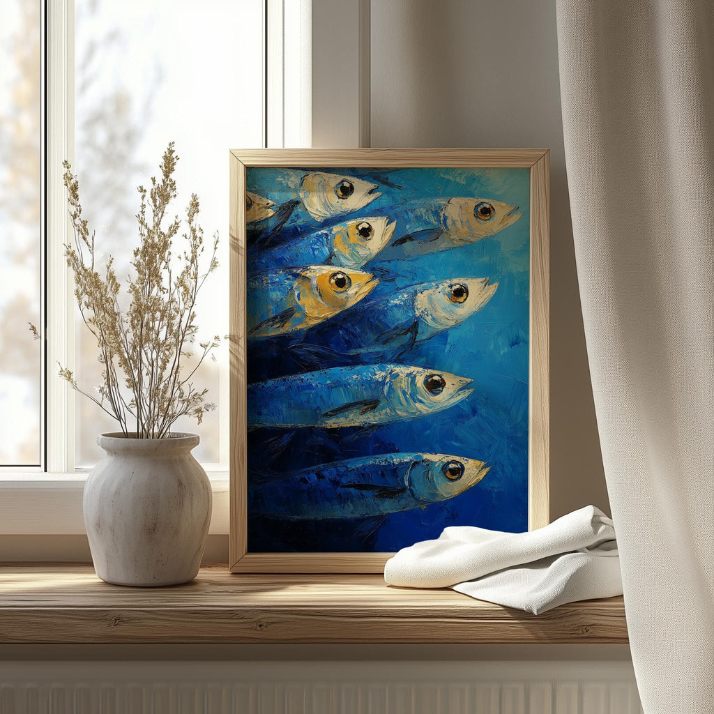 Blue Sardines animal art print shown in a room setting