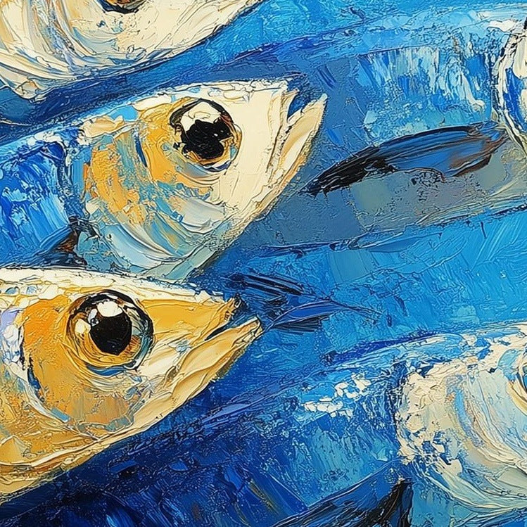 Blue Sardines animal art print close-up detail