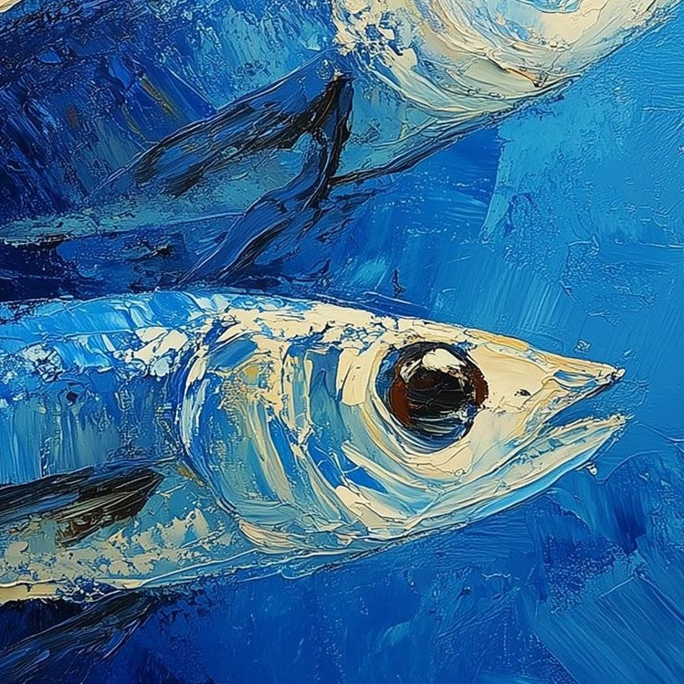 Blue Sardines animal art print close-up detail