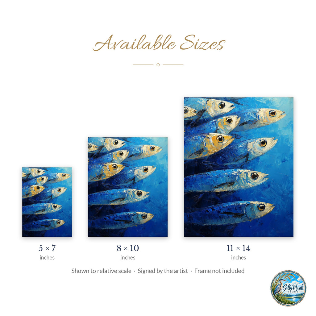 Blue Sardines art print size guide: 5x7, 8x10 and 11x14