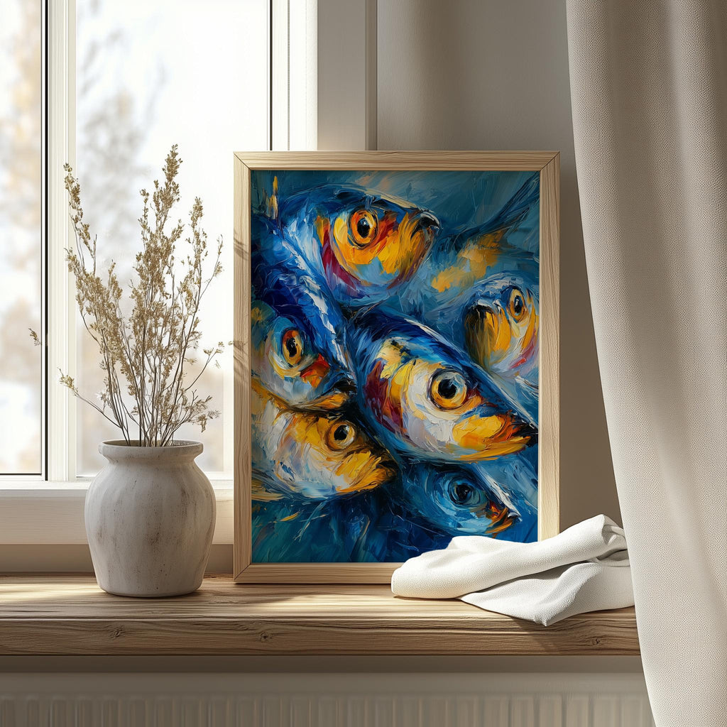 Red Gold Sardines animal art print shown in a room setting
