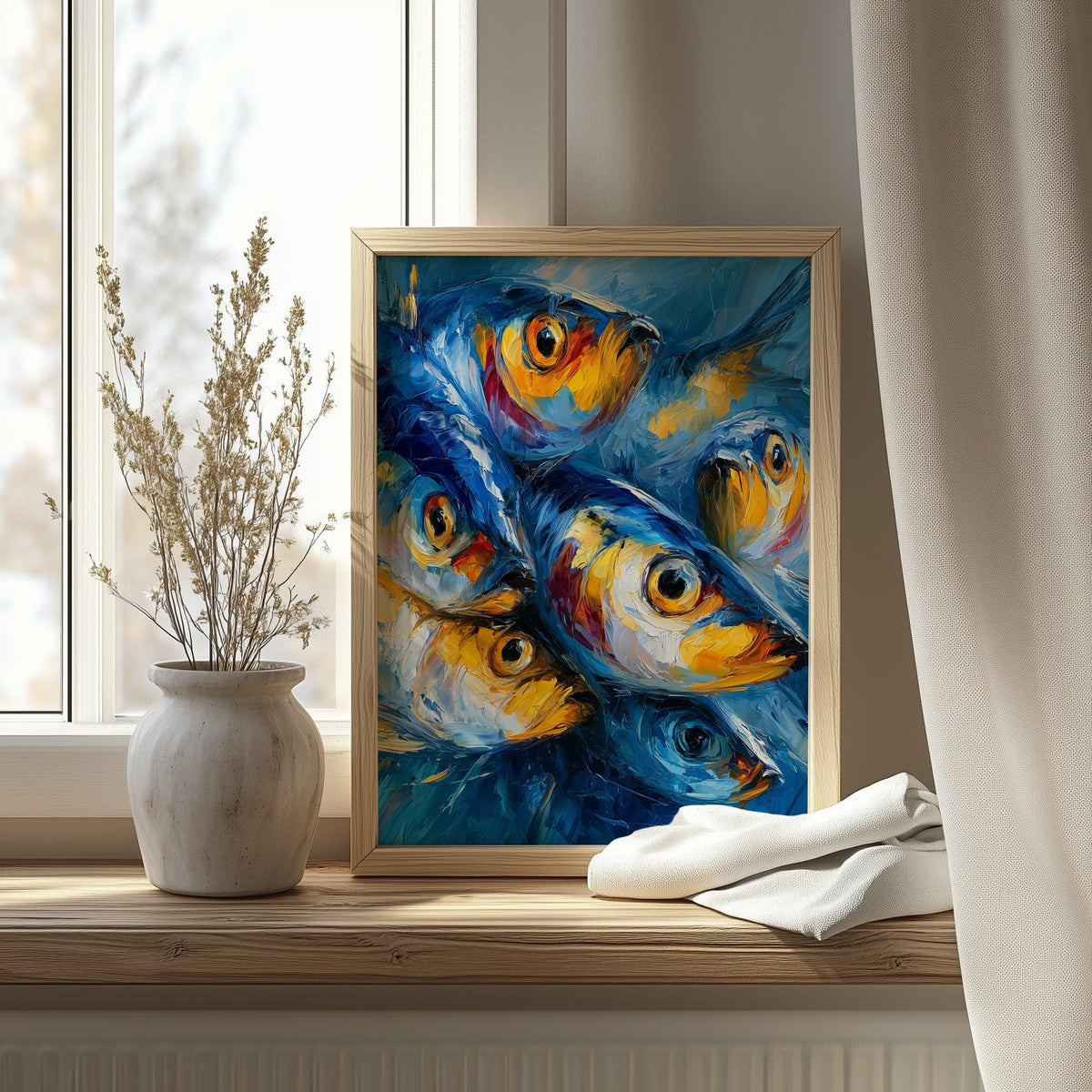 Red Gold Sardines animal art print shown in a room setting