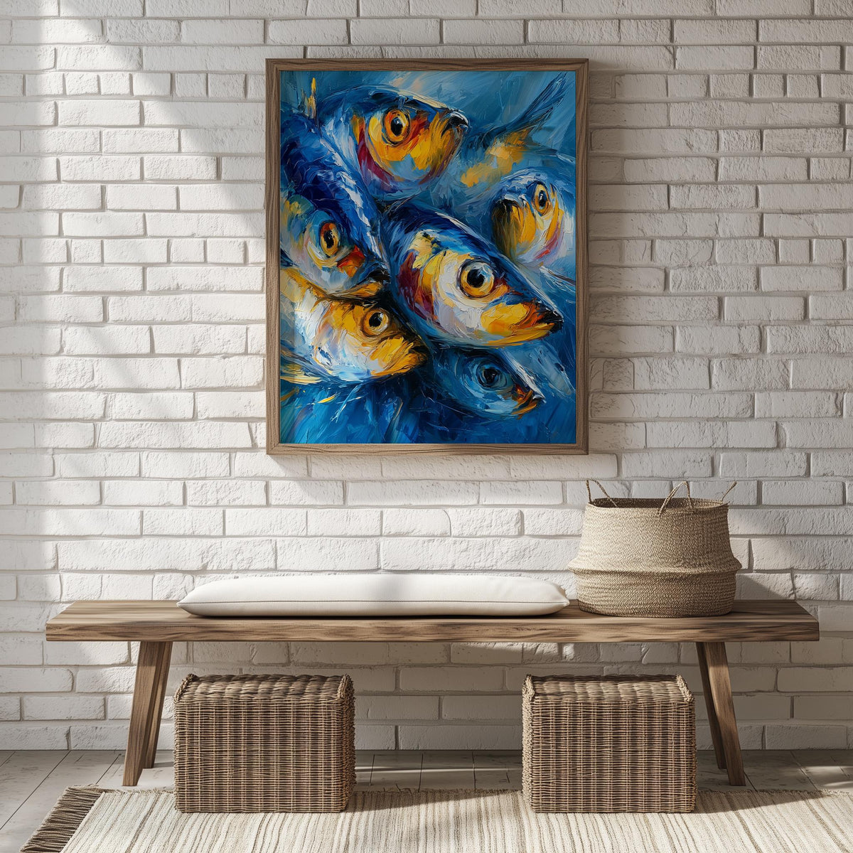 Red Gold Sardines animal art print shown in a room setting