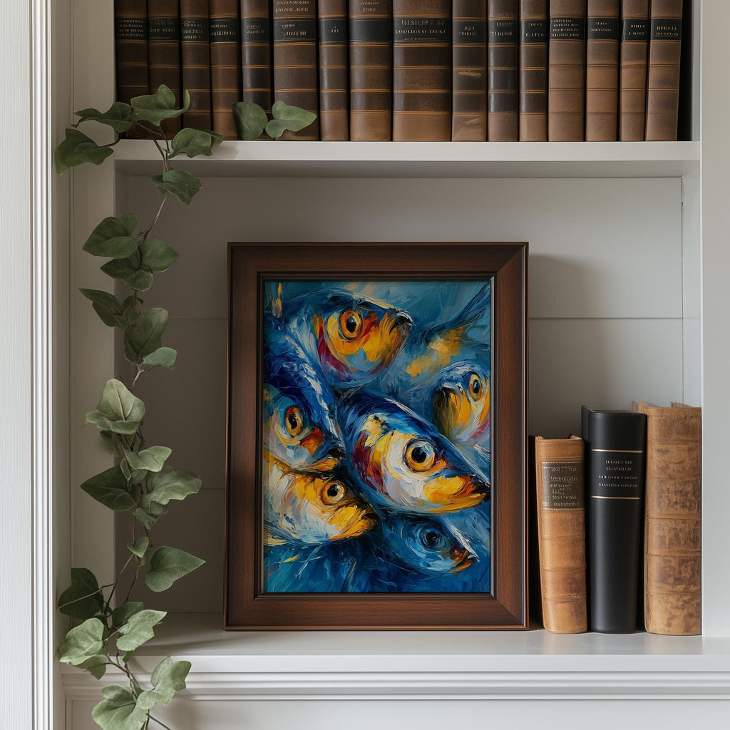 Red Gold Sardines animal art print shown in a room setting