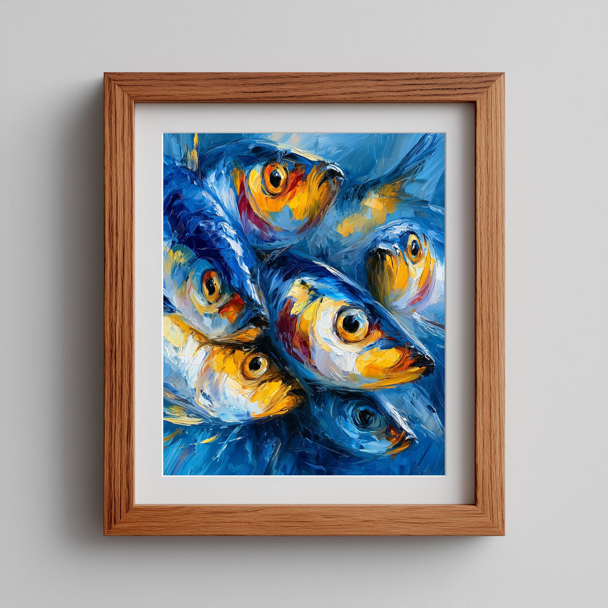 Red Gold Sardines animal art print shown in a room setting