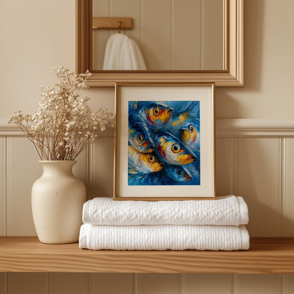 Red Gold Sardines animal art print shown in a room setting