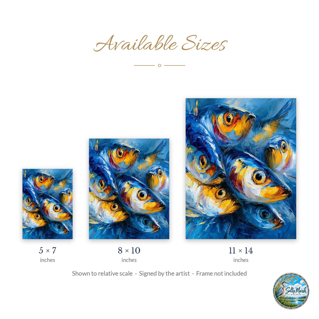 Red Gold Sardines art print size guide: 5x7, 8x10 and 11x14