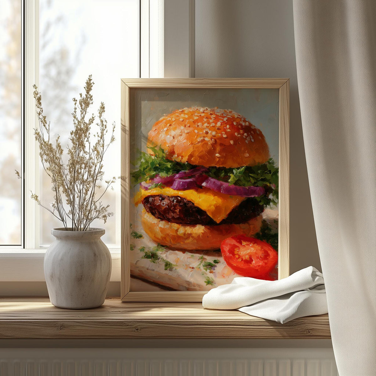 Classic Cheeseburger kitchen art print shown in a room setting