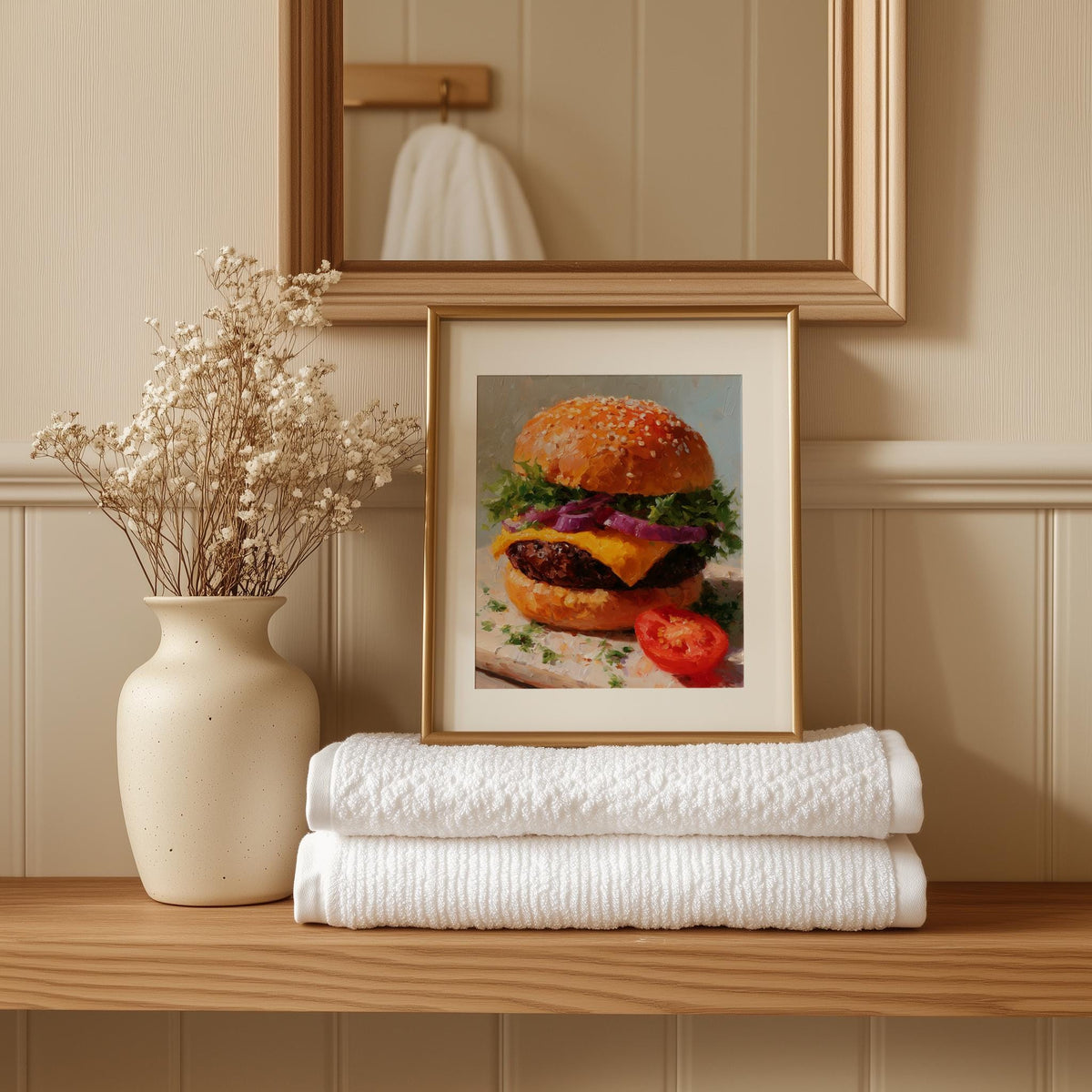 Classic Cheeseburger kitchen art print shown in a room setting