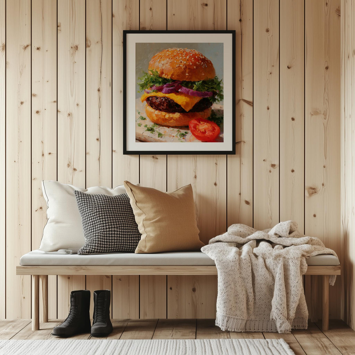Classic Cheeseburger kitchen art print shown in a room setting