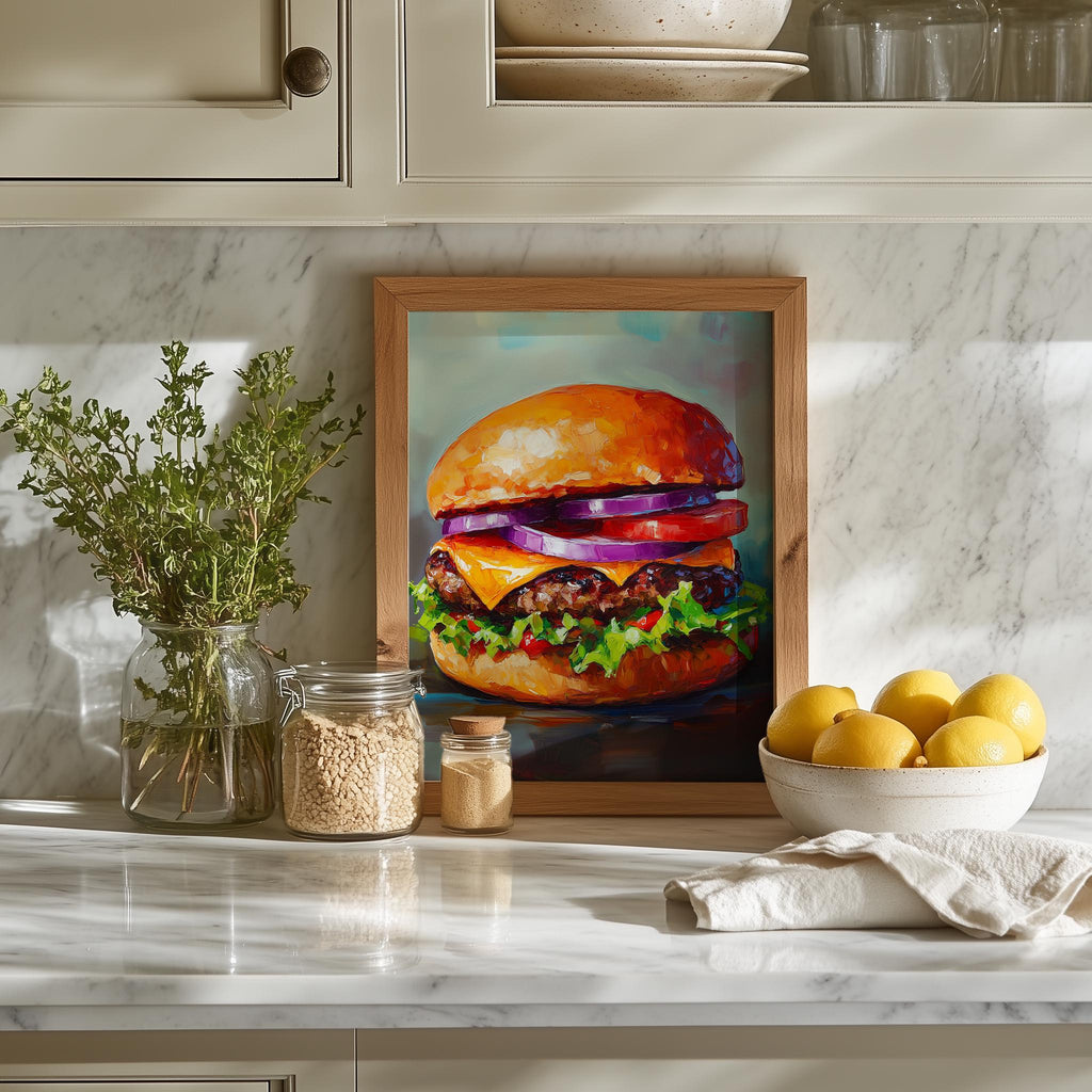 Bold Cheeseburger kitchen art print shown in a room setting