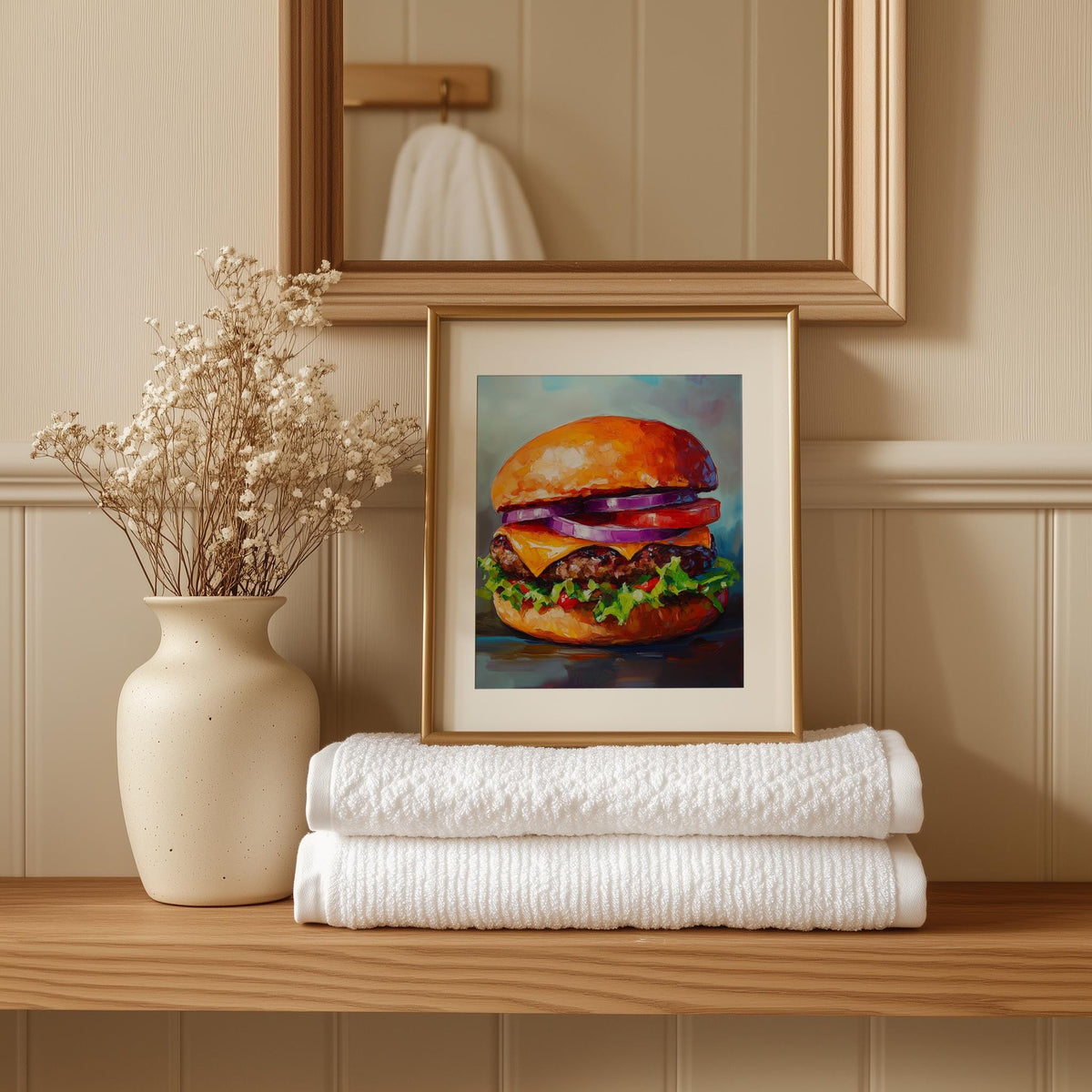 Bold Cheeseburger kitchen art print shown in a room setting