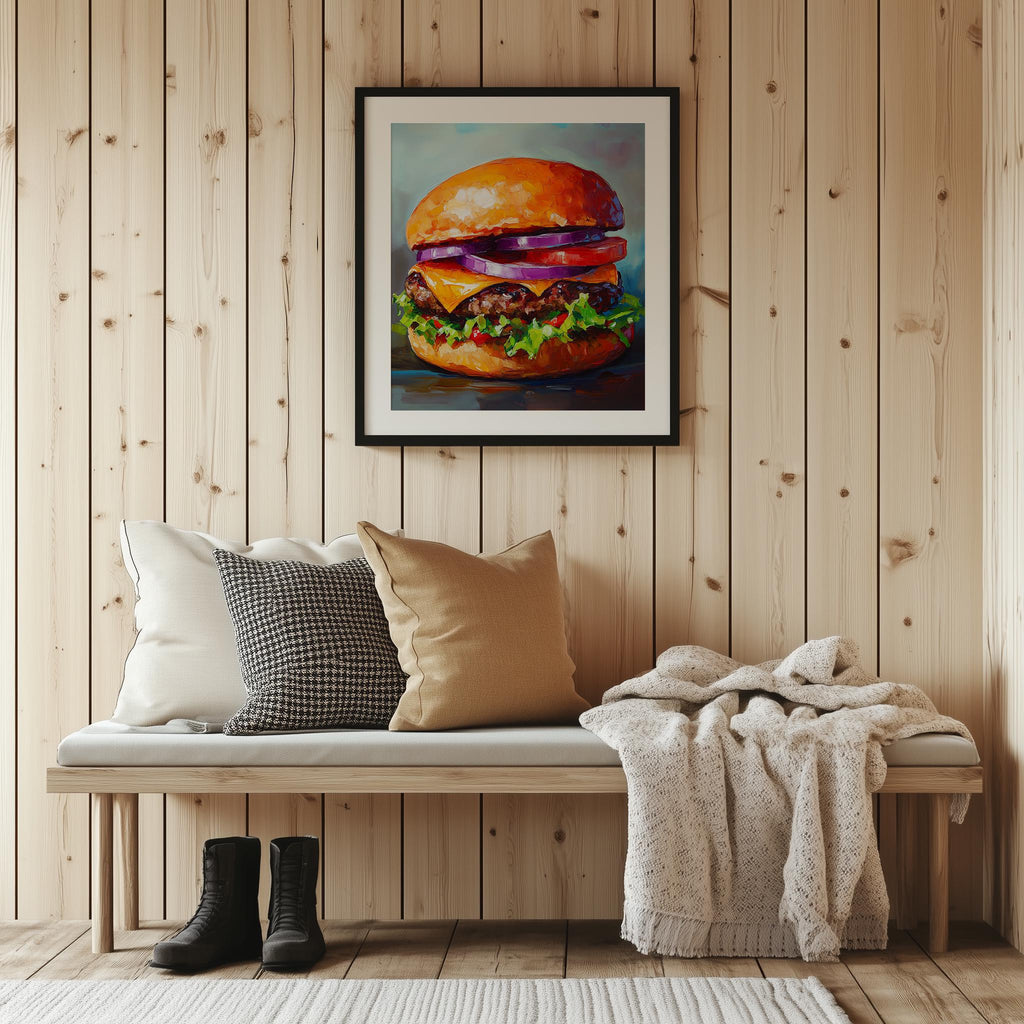 Bold Cheeseburger kitchen art print shown in a room setting
