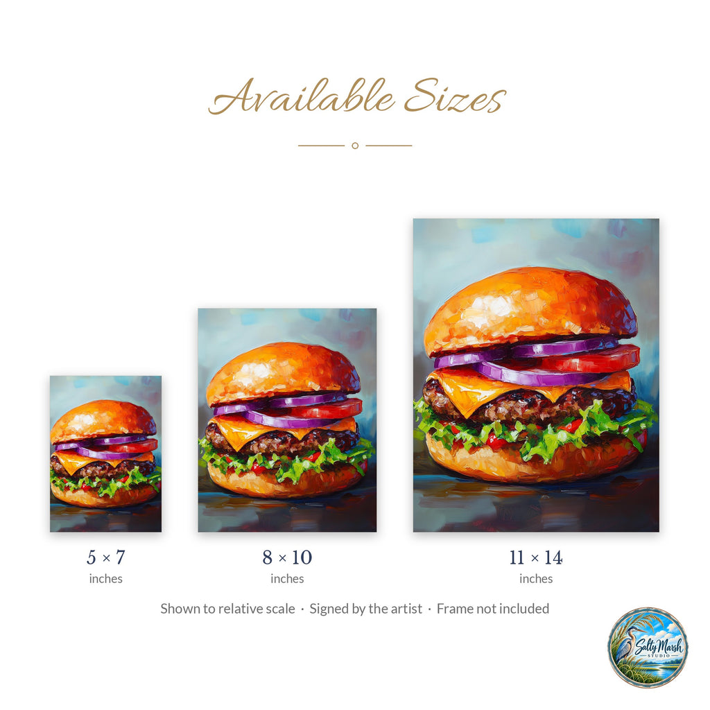 Bold Cheeseburger art print size guide: 5x7, 8x10 and 11x14