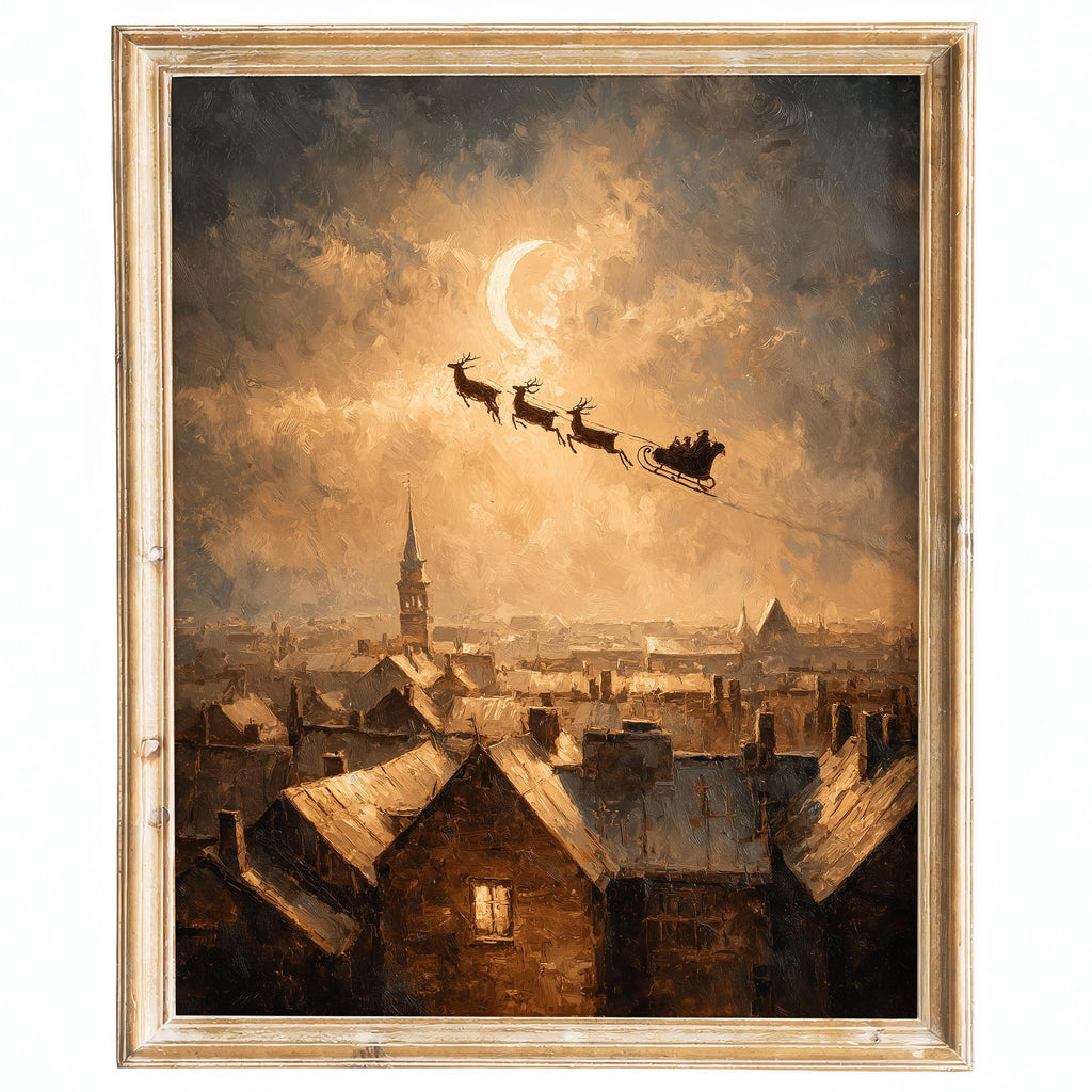 Rooftop Sleigh Christmas art print framed