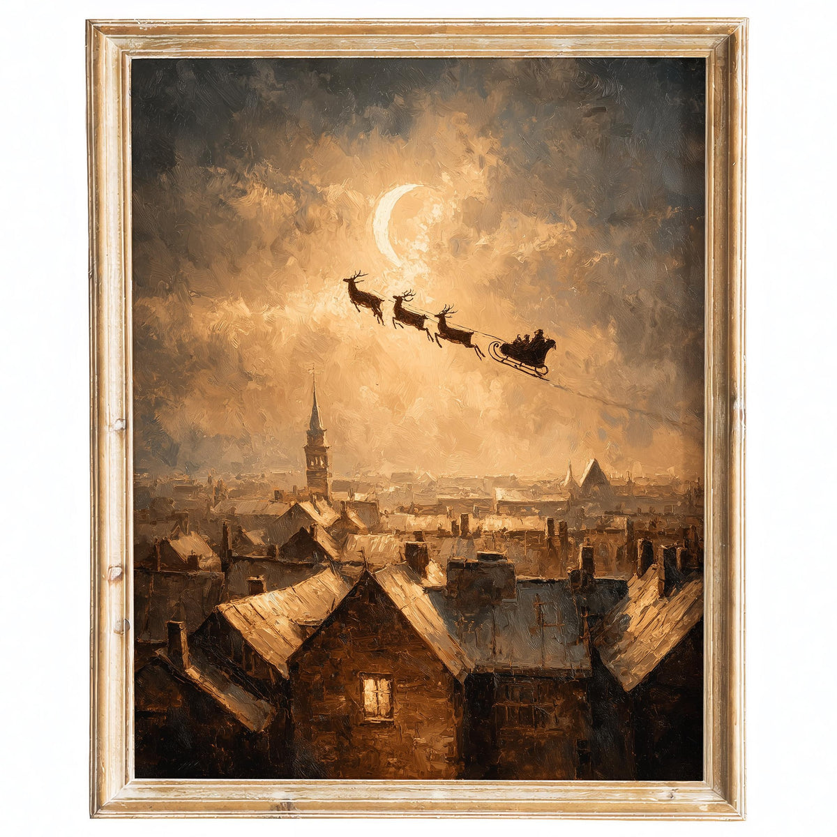 Rooftop Sleigh Christmas art print framed