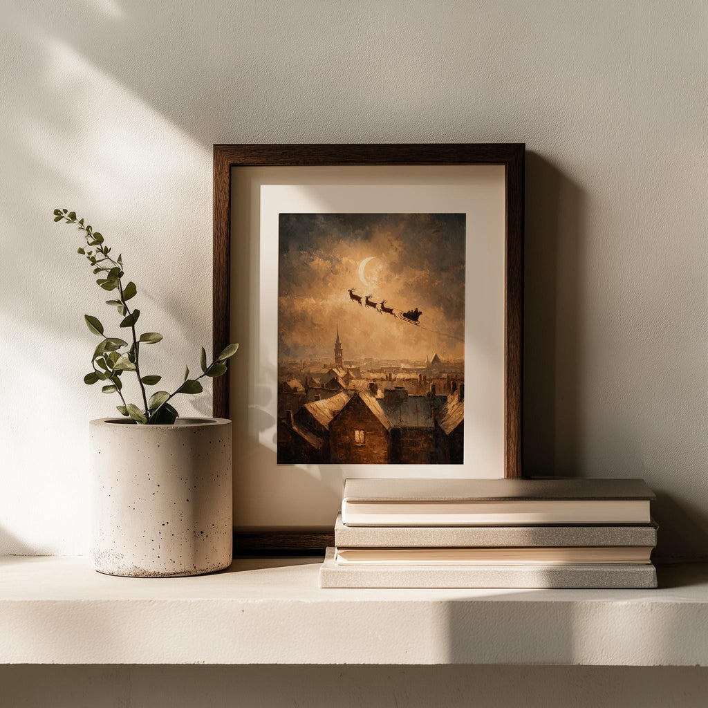 Rooftop Sleigh Christmas art print shown in a room setting