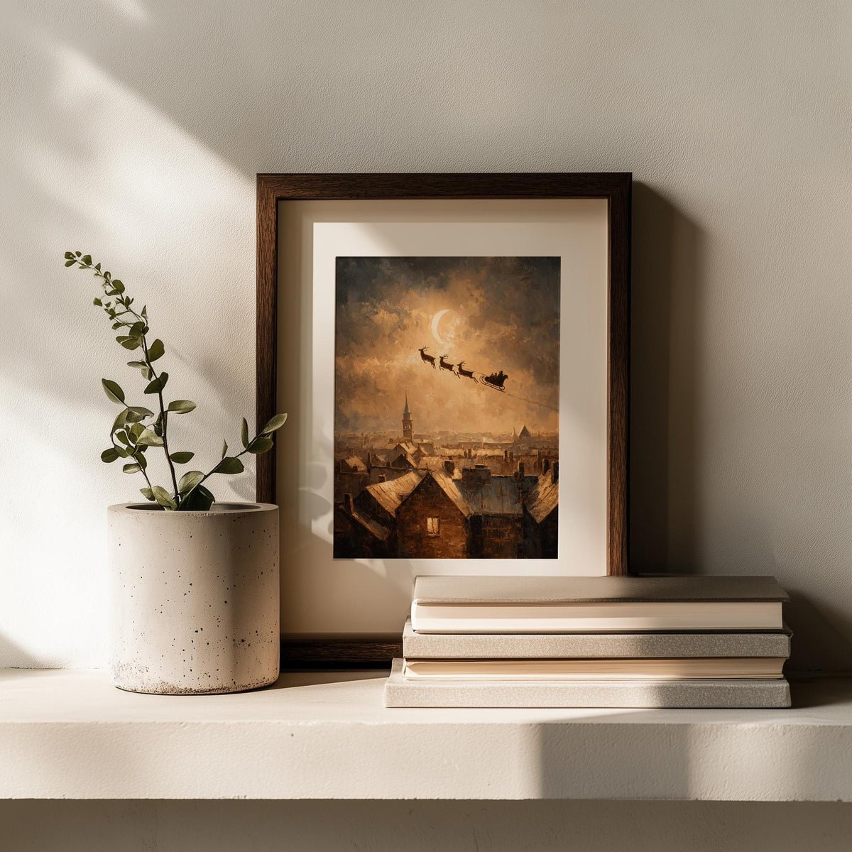 Rooftop Sleigh Christmas art print shown in a room setting