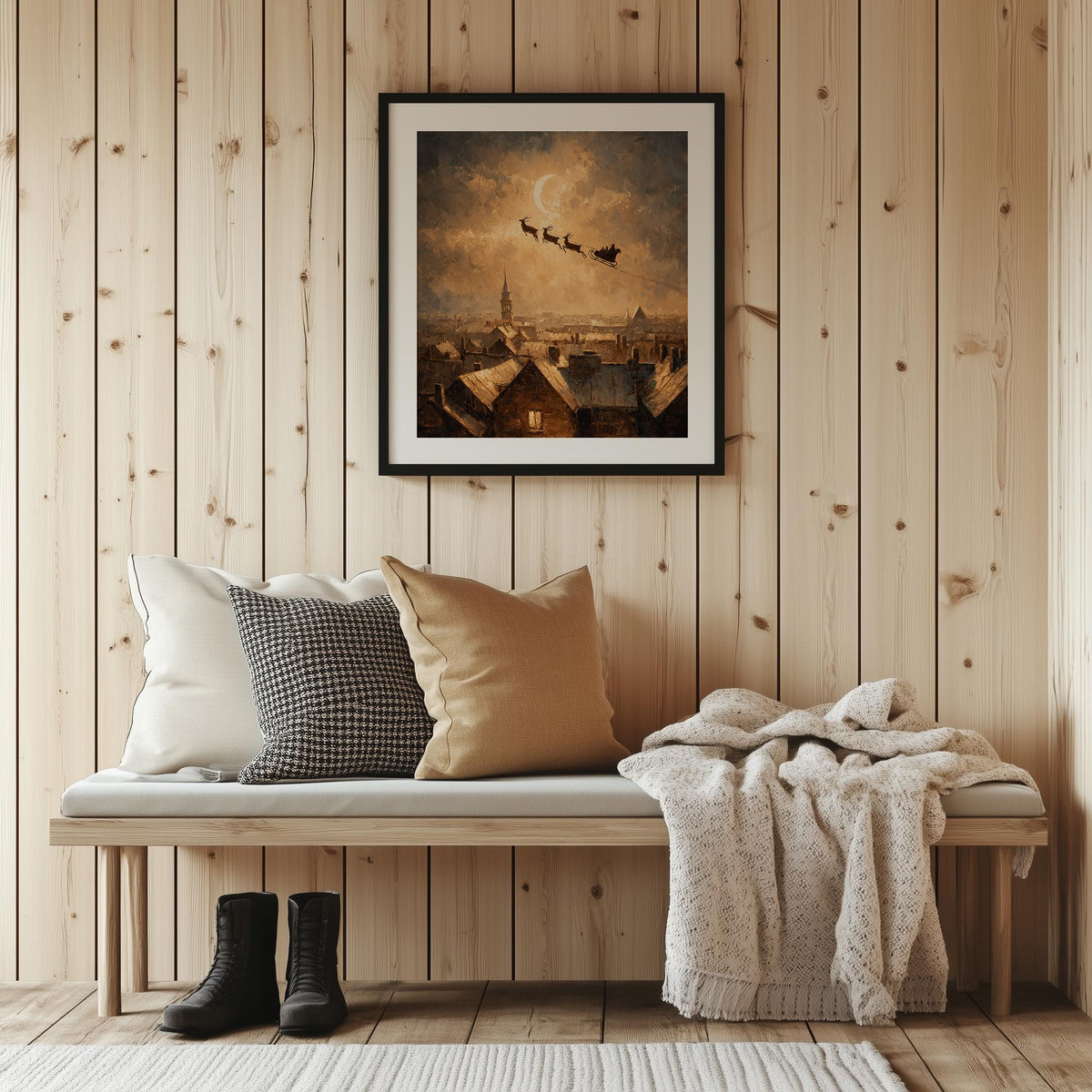 Rooftop Sleigh Christmas art print shown in a room setting