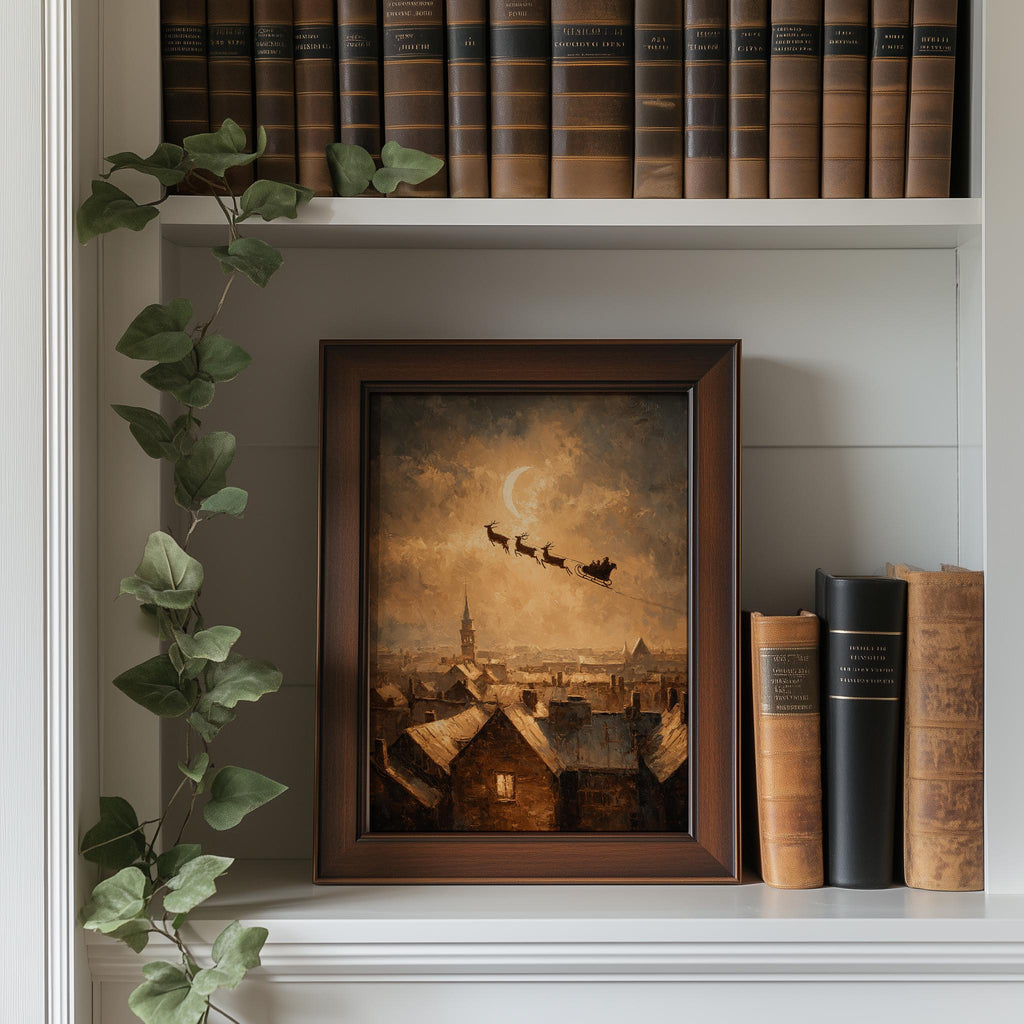 Rooftop Sleigh Christmas art print shown in a room setting