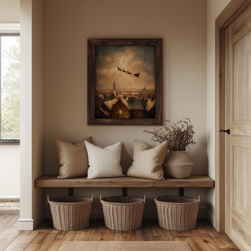Rooftop Sleigh Christmas art print shown in a room setting