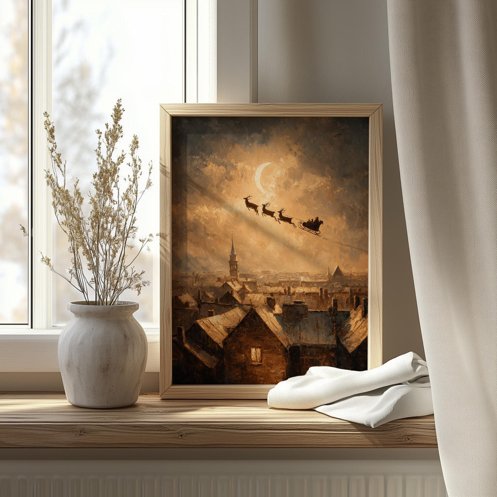 Rooftop Sleigh Christmas art print shown in a room setting