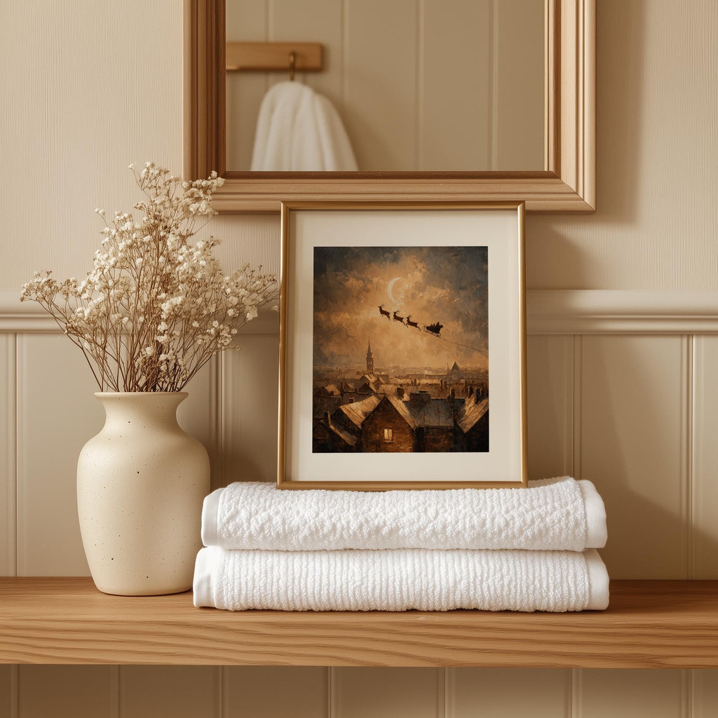 Rooftop Sleigh Christmas art print shown in a room setting