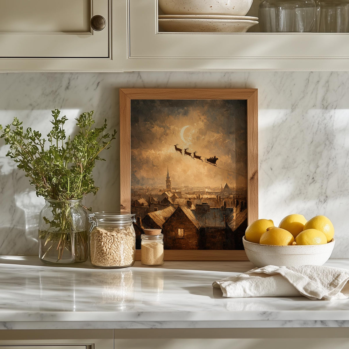 Rooftop Sleigh Christmas art print shown in a room setting
