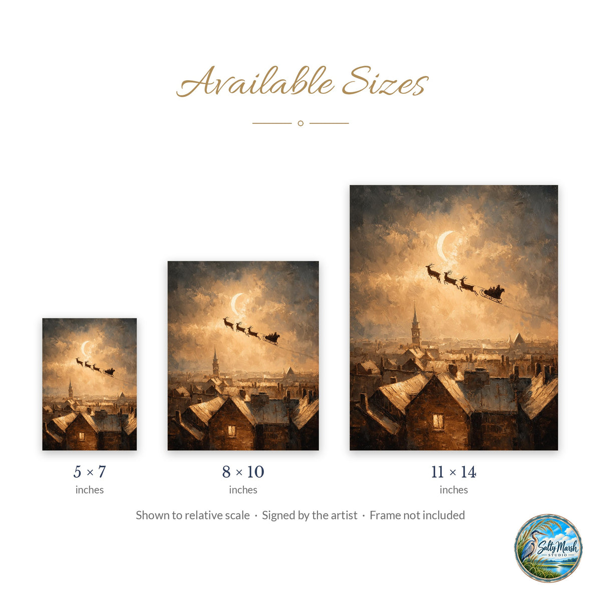 Rooftop Sleigh art print size guide: 5x7, 8x10 and 11x14