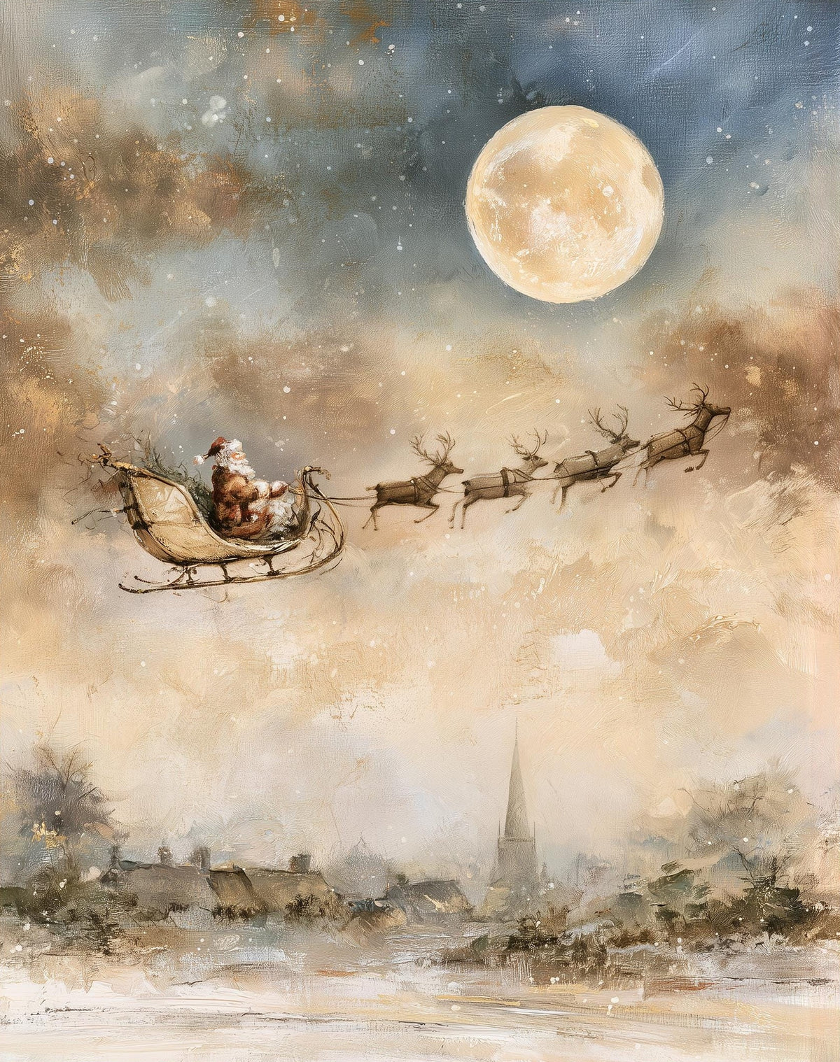 Moon Sleigh Christmas art print unframed, signed by Pattie Overcash