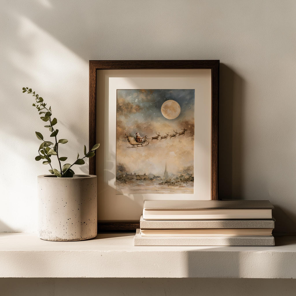 Moon Sleigh Christmas art print shown in a room setting