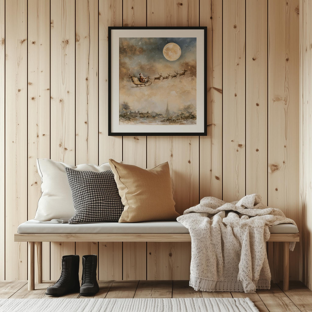 Moon Sleigh Christmas art print shown in a room setting