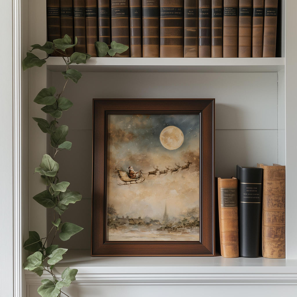 Moon Sleigh Christmas art print shown in a room setting