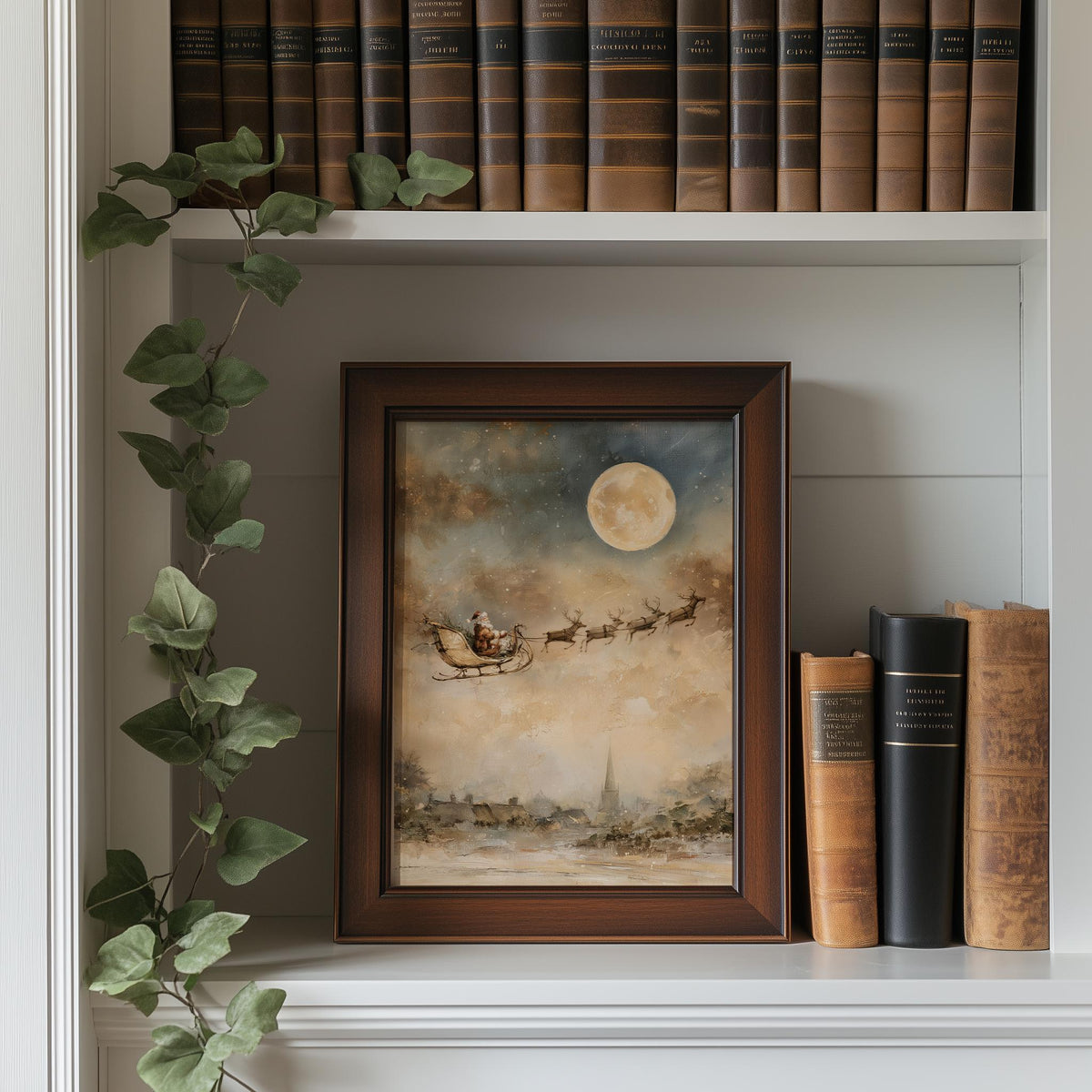 Moon Sleigh Christmas art print shown in a room setting