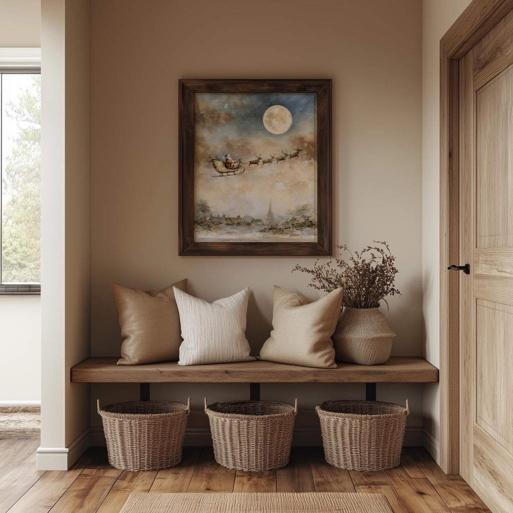 Moon Sleigh Christmas art print shown in a room setting