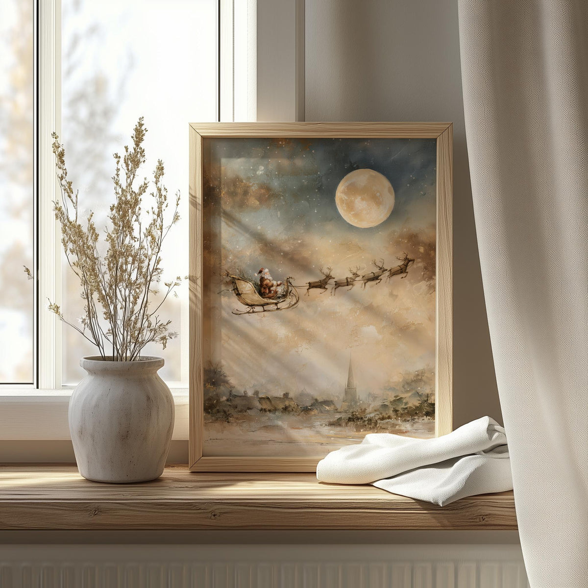 Moon Sleigh Christmas art print shown in a room setting