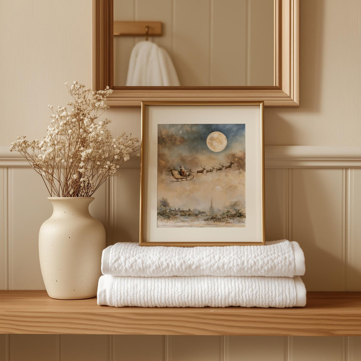 Moon Sleigh Christmas art print shown in a room setting