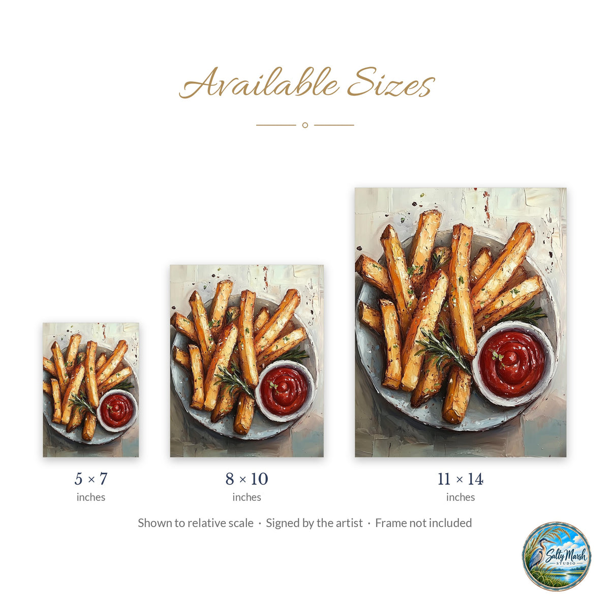 French Fries art print size guide: 5x7, 8x10 and 11x14