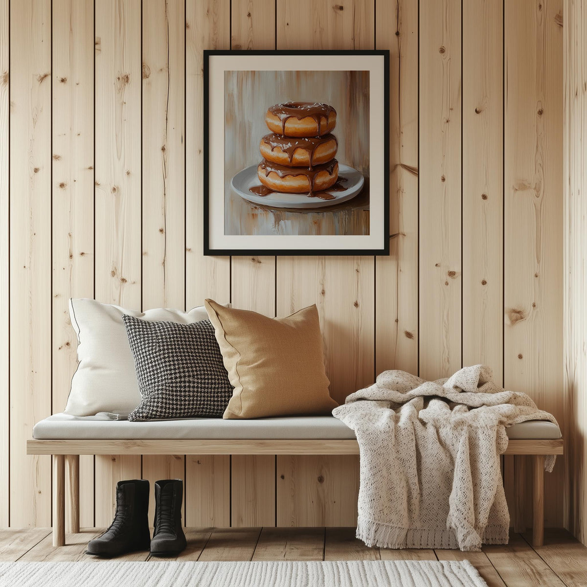 Chocolate Donuts kitchen art print shown in a room setting