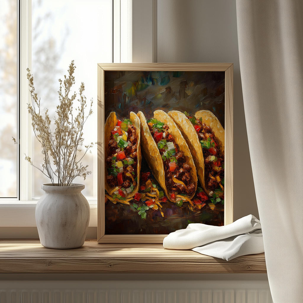 Rustic Tacos kitchen art print shown in a room setting