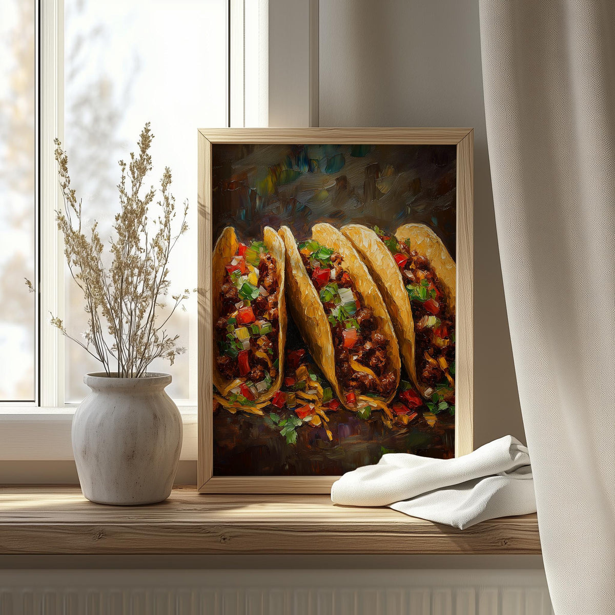 Rustic Tacos kitchen art print shown in a room setting