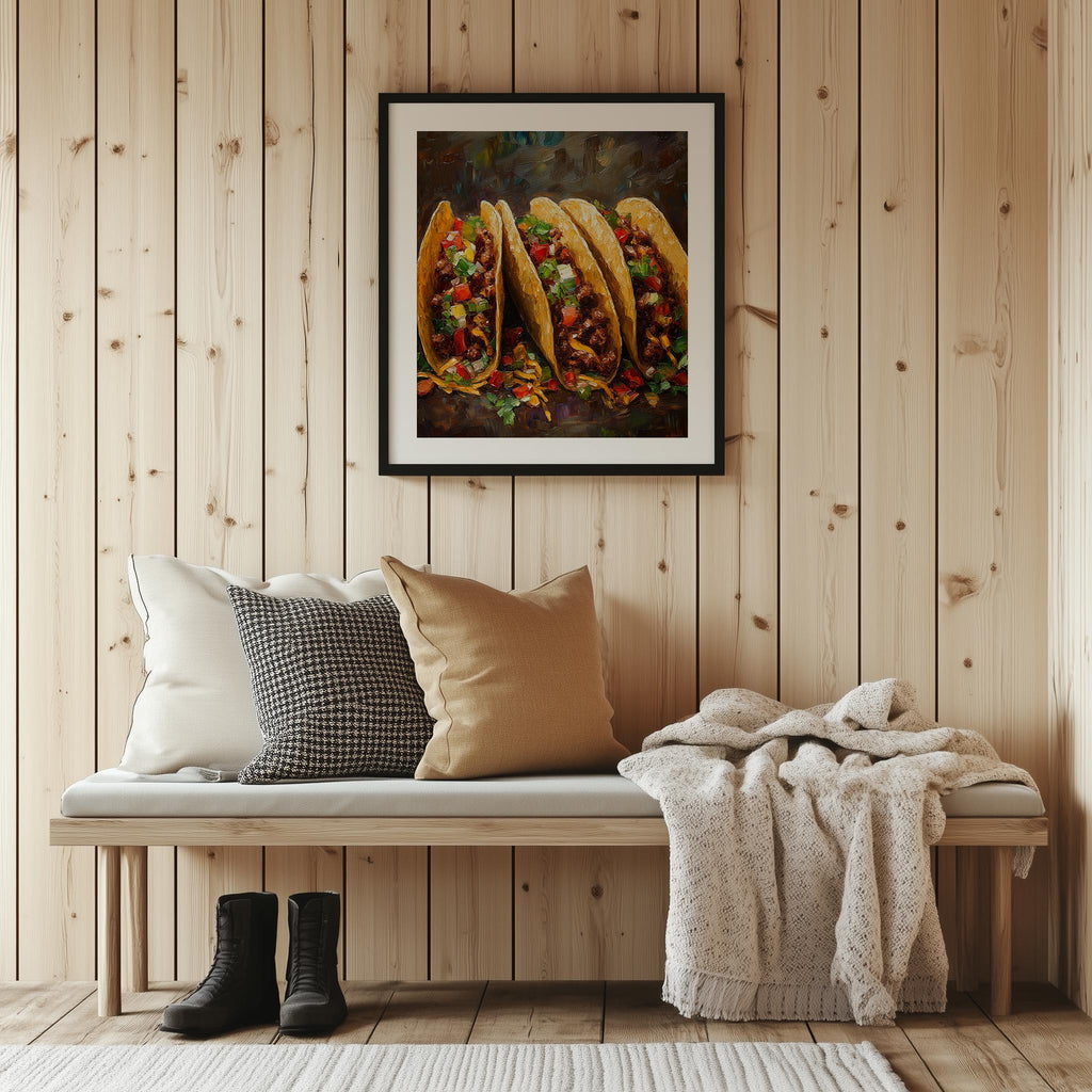 Rustic Tacos kitchen art print shown in a room setting